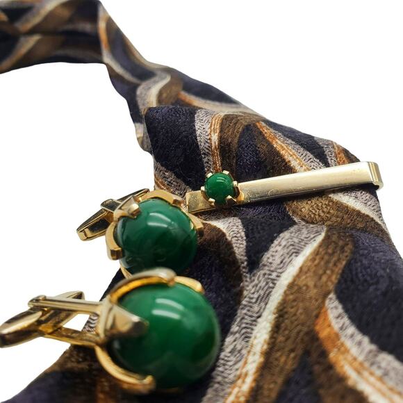 Retro Green Glass Ball Cufflinks Tie Bar Clasp Sarah Coventry Gold Tone Clip - Picture 2 of 9